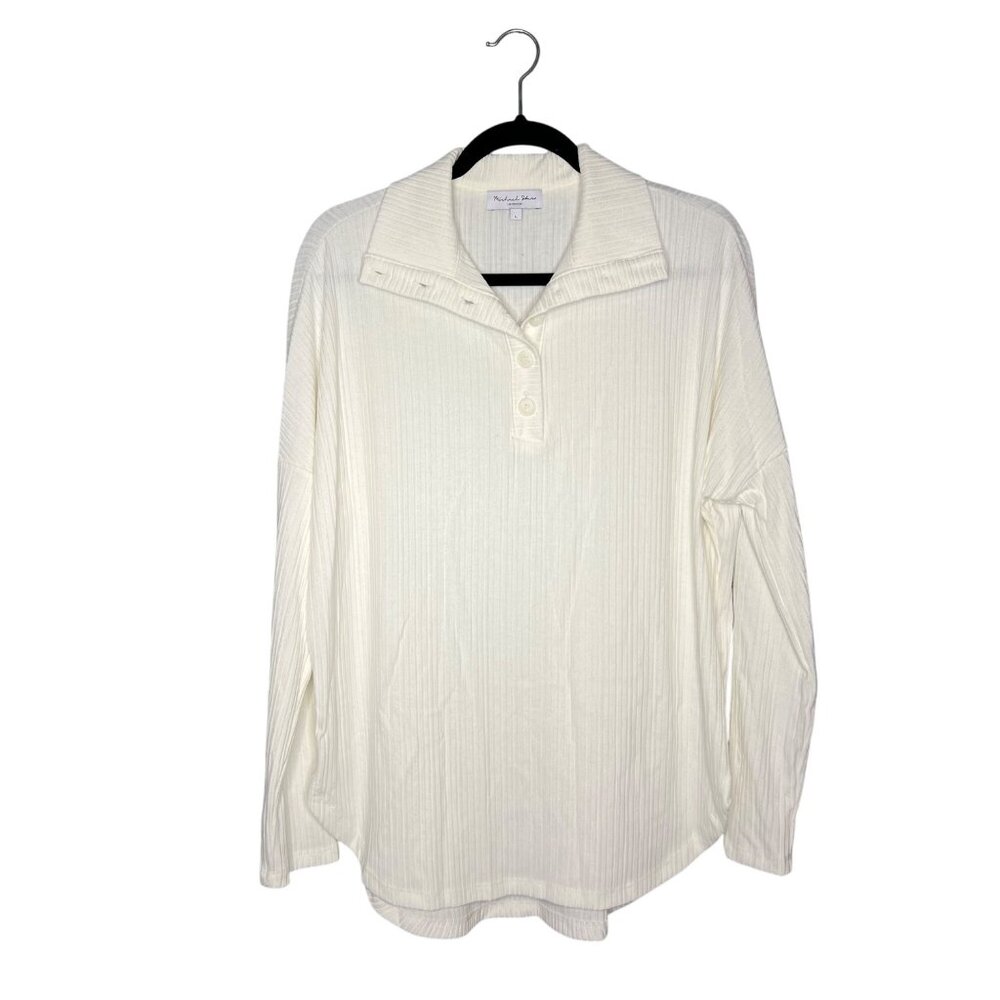 Michael Stars Popover Top‎ Size L Long Sleeve Ribbed Button Collared Cream